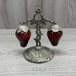 Vintage 1960's Red Glass Hanging Strawberry Salt & Pepper Shakers Marked Japan