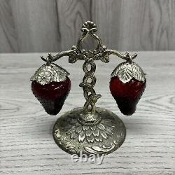 Vintage 1960's Red Glass Hanging Strawberry Salt & Pepper Shakers Marked Japan