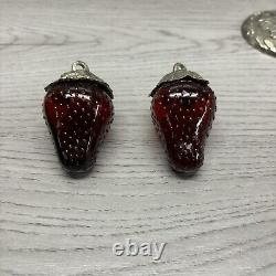 Vintage 1960's Red Glass Hanging Strawberry Salt & Pepper Shakers Marked Japan