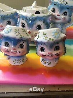 Vintage 8pc Lefton Miss Priss Kitty Cat Cookie Jam Jar Salt Pepper Japan