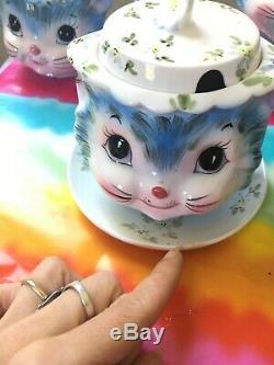 Vintage 8pc Lefton Miss Priss Kitty Cat Cookie Jam Jar Salt Pepper Japan