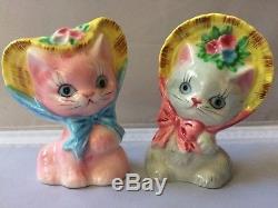 Vintage Anthropomorphic Japan Salt & Pepper Shakers Cat Kittens w Hats Pink