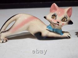 Vintage Anthropomorphic Long Pink Cats Rhinestone Eyes MCM Salt Pepper Shakers