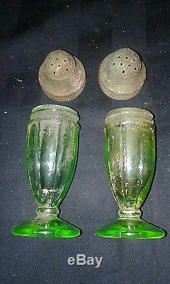 Vintage Antique Decorative Vaseline Glass Salt & Pepper Shakers Depression Rare
