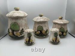 Vintage Arnel's Ceramic Mushroom Canister Set 3 Piece + Salt and Pepper Shakers