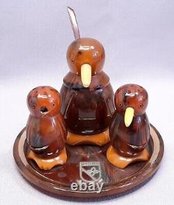 Vintage Bakelite Penguin Salt Pepper Mustard Tray Set Worzburg Germany Art Deco