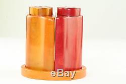 Vintage Bakelite Red Orange Salt & Pepper Shaker Set Rare Tray