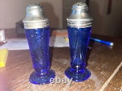 Vintage Beautiful Hazel Atlas Glass Cobalt Blue Royal Lace Salt & Pepper Set