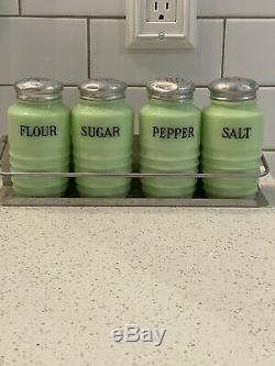 Vintage Beehive Jadeite Set Of 4 Sugar Flour Salt Pepper Cylinder + Rack