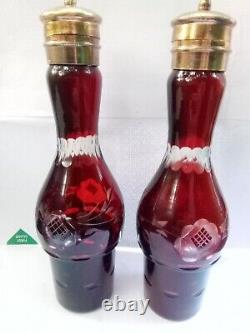 Vintage Bohemian Ruby Red glass Cut to Clear Cruet Set Salt Pepper Shakers