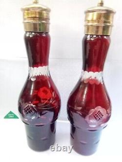 Vintage Bohemian Ruby Red glass Cut to Clear Cruet Set Salt Pepper Shakers