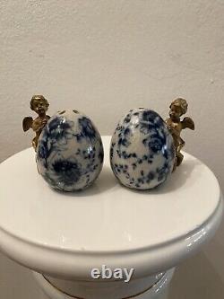 Vintage Brass and Porcelain Blue and White Antique salt and pepper shakers