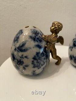 Vintage Brass and Porcelain Blue and White Antique salt and pepper shakers