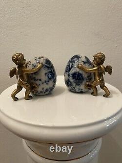 Vintage Brass and Porcelain Blue and White Antique salt and pepper shakers