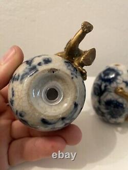 Vintage Brass and Porcelain Blue and White Antique salt and pepper shakers