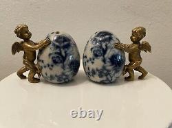 Vintage Brass and Porcelain Blue and White Antique salt and pepper shakers