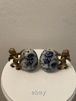 Vintage Brass and Porcelain Blue and White Antique salt and pepper shakers