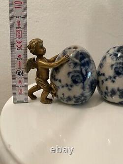 Vintage Brass and Porcelain Blue and White Antique salt and pepper shakers