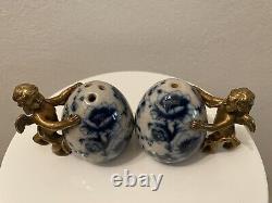 Vintage Brass and Porcelain Blue and White Antique salt and pepper shakers