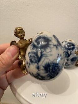 Vintage Brass and Porcelain Blue and White Antique salt and pepper shakers