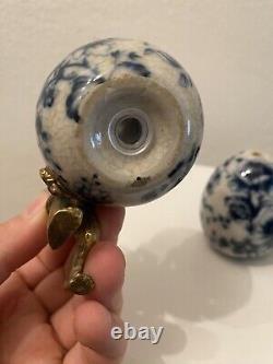 Vintage Brass and Porcelain Blue and White Antique salt and pepper shakers