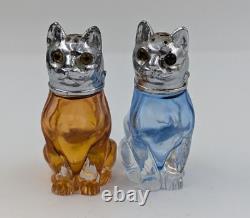 Vintage Cat Salt pepper Shakers Metal Depression Glass Eyed Rare HTF READ