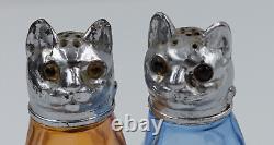 Vintage Cat Salt pepper Shakers Metal Depression Glass Eyed Rare HTF READ