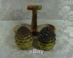Vintage Ceramic Pine Cone Salt & Pepper Shakers With Tray Japan