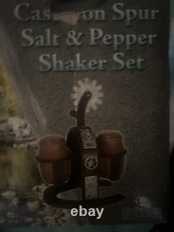Vintage Cowboy Western Salt Pepper Shaker Holder Cast Iron Horseshoe Spur