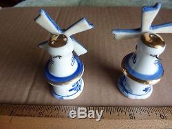 Vintage Delft Windmill Salt Pepper Shakers Blue White Gold with Stoppers