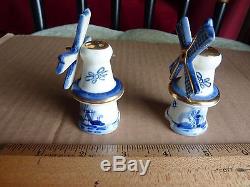 Vintage Delft Windmill Salt Pepper Shakers Blue White Gold with Stoppers