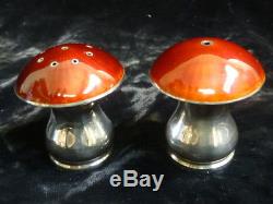 Vintage ELa Norwegian Sterling Enameled Mushroom Salt & pepper shakers /Pot's