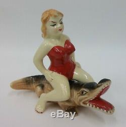 Vintage Empress Risque Pin Up Girl in Swimsuit on Alligator Salt Pepper Shakers