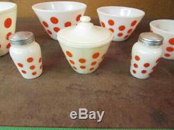 Vintage FIRE KING Red Dot 4-Piece Mixing Bowl Set salt pepper grease jar polka