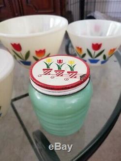 Vintage FIRE KING TULIP Oven Ware Mixing Bowls Salt and Pepper Shakers LOT