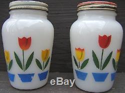 Vintage FIRE KING Tulips Salt Pepper Shakers Original Screw on Metal Lids 1950s