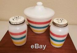 Vintage Fire King Colonial Stripe Grease Jar, Salt and Pepper Shakers. Excellent