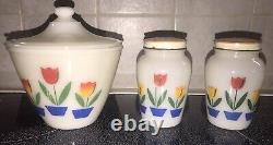 Vintage Fire King Milk Glass Tulip Salt & Pepper Shakers & Grease Bowl With Lid
