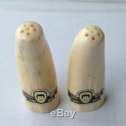 Vintage Genuine Eskimo Made Ivory Tusk Salt Pepper Shakers Inuit Carving Sticker