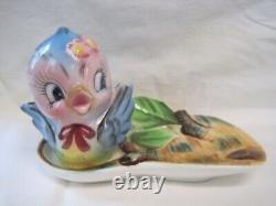 Vintage Geo Z. Lefton Mrs Bluebird Ceramic Salt Shakers on spoonrest plate # 151