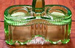 Vintage Green Glass Salt & Pepper Shakers with Caddy Imperial Glass Co. NICE