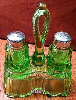 Vintage Green Glass Salt & Pepper Shakers with Caddy Imperial Glass Co. NICE