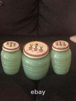 Vintage Green Jadeite Beehive Set Salt Pepper Grease Jar Tulip Lids