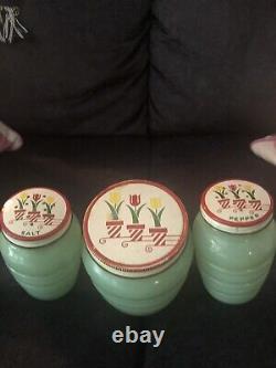 Vintage Green Jadeite Beehive Set Salt Pepper Grease Jar Tulip Lids