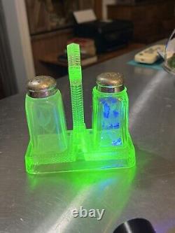 Vintage Green Uranium Glass Salt and Pepper Shakers