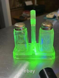 Vintage Green Uranium Glass Salt and Pepper Shakers