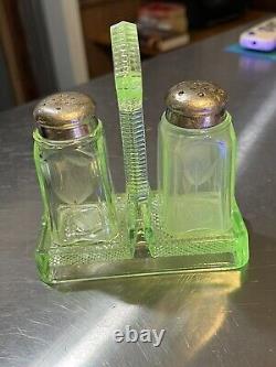 Vintage Green Uranium Glass Salt and Pepper Shakers