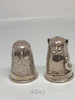 Vintage Hallmarked Sterling Silver Novelty Owl & Cat Salt & Pepper Shakers