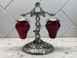 Vintage Hanging Strawberry Salt & Pepper Shakers Red Glass Silver Plated Metal