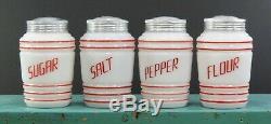 Vintage Hazel Atlas Bee Hive Salt Pepper Sugar Flour Shakers White and Red